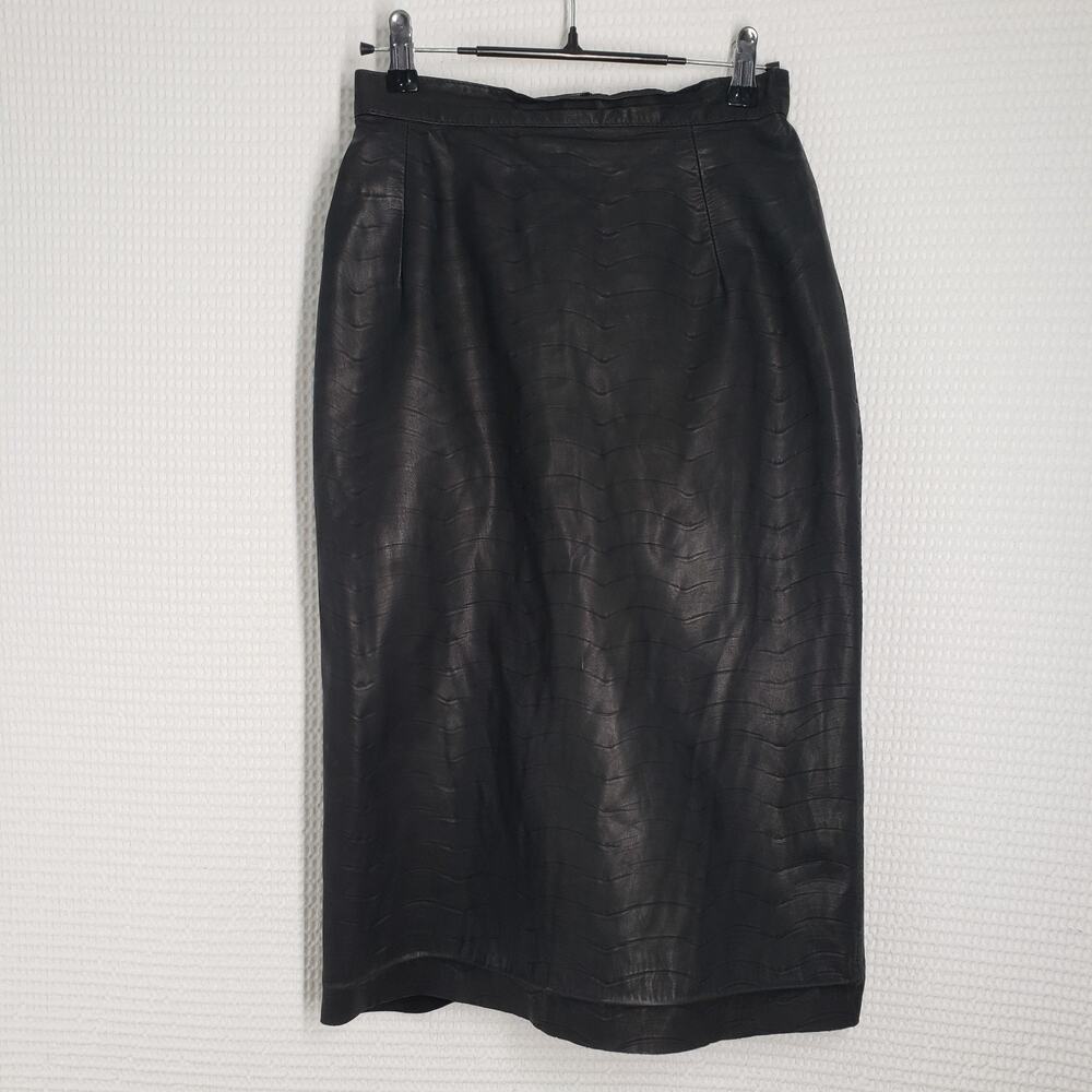 Vintage Comint Leather Pencil Skirt Womens XS Black Goth High Waisted Embossed